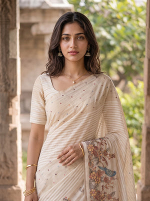 Linen Saree in Off-White with Bird Floral Embroidered Pallu
