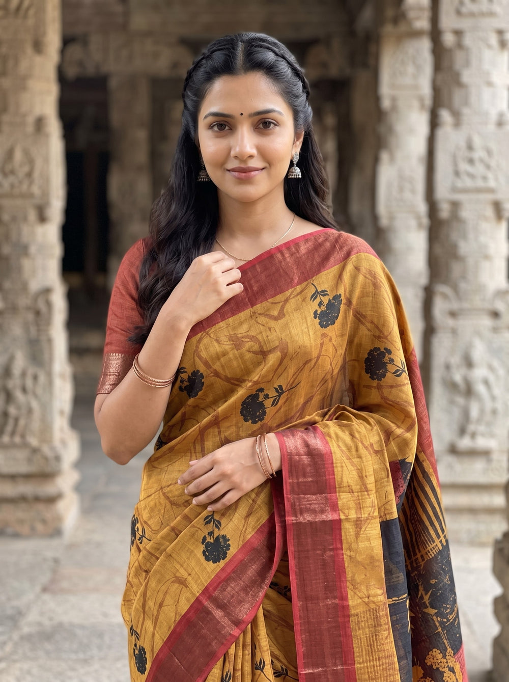 Tussar Silk Mustard and Maroon Saree with Abstract Block Print Pallu