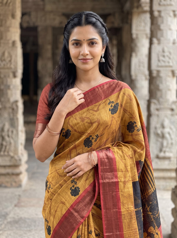 Tussar Silk Mustard and Maroon Saree with Abstract Block Print Pallu