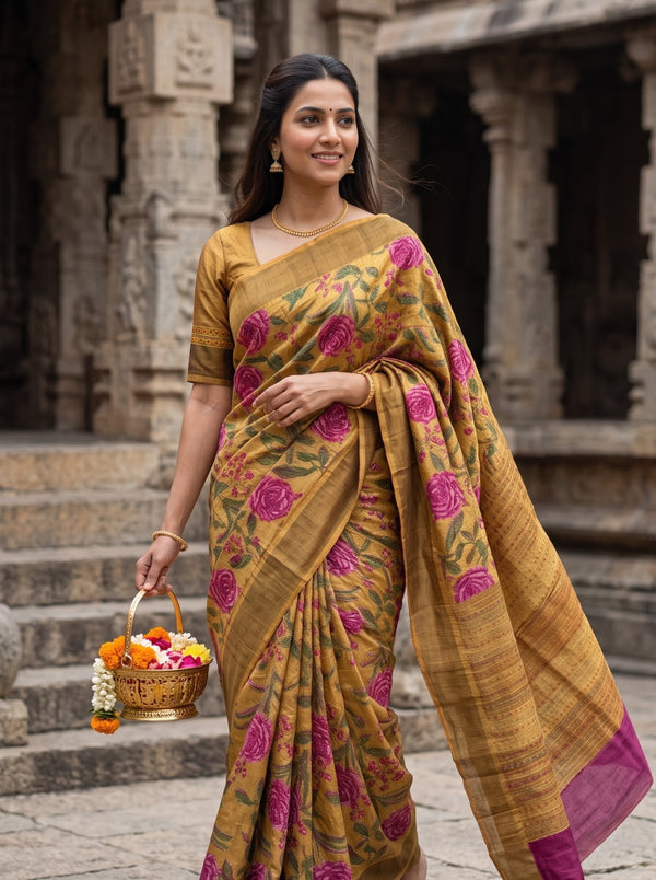 Tussar Silk Mustard Yellow Saree with Kantha Embroidered Rose Floral Print