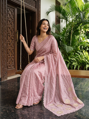 Organza Mauve Pink Golden Floral Applique Border Saree