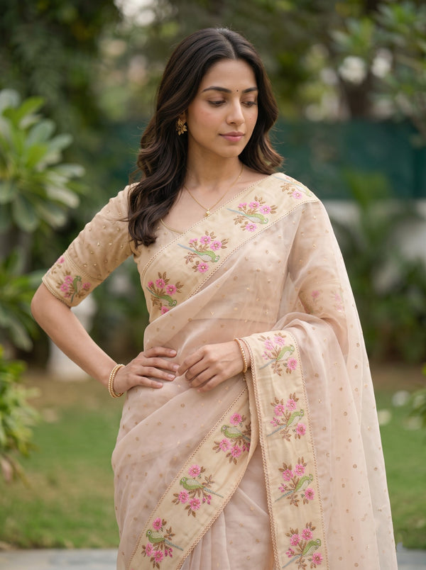 Organza Beige Saree with Cross-Stitch Parrot Floral Border