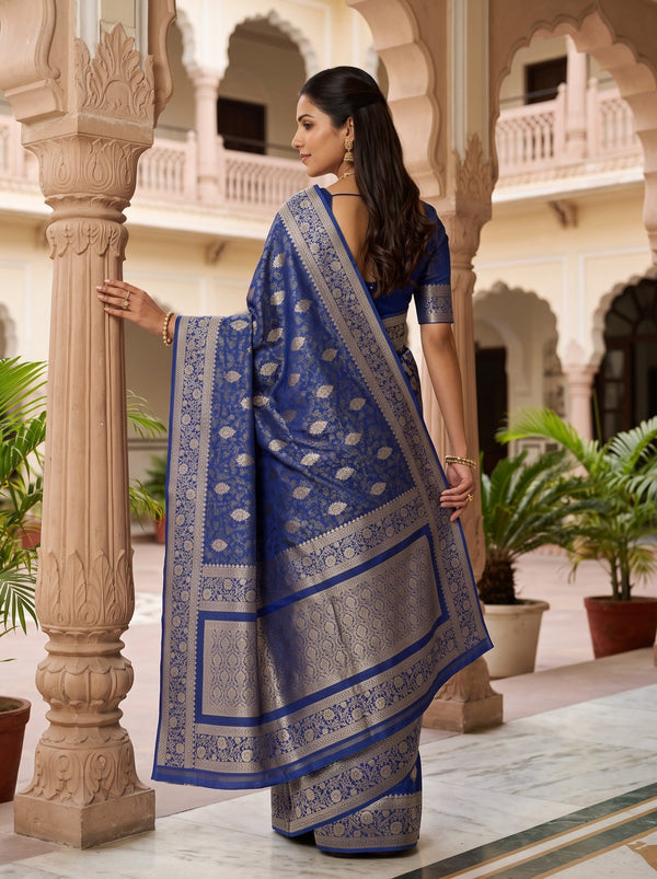 Banarasi Saree in Navy Blue with Golden Paisley Pallu Design