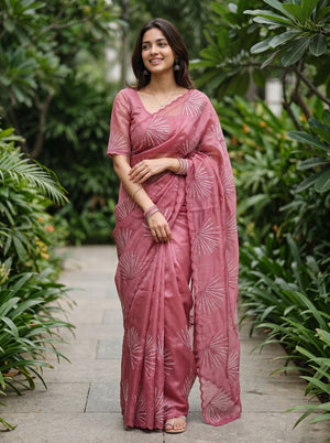 Tissue Dusty Rose Pink Zari Embroidered Fan Motif Saree