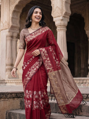 Matka Silk Red and Zari Floral Border Saree