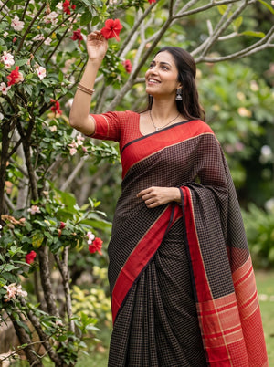 Chanderi Cotton Black Saree with Checked Design and Red Border