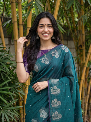 Cotton Teal Green Saree with Purple Golden Striped Border