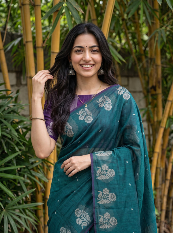 Cotton Teal Green Saree with Purple Golden Striped Border