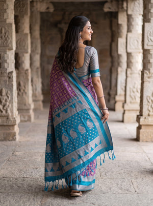 Semi Silk Violet Checkered Peacock Blue Paisley Saree