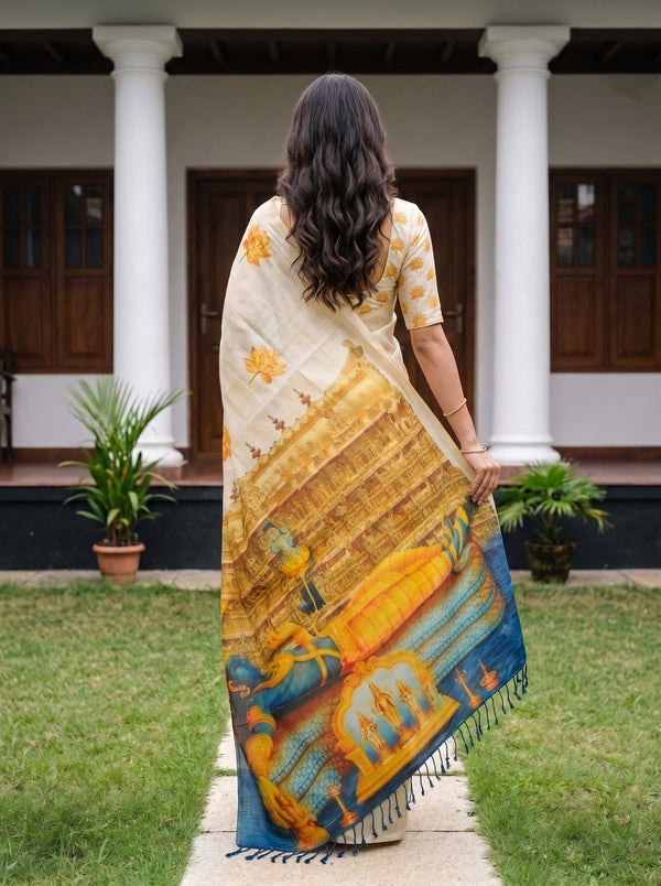 A woman viewed from behind wearing a cream-colored saree with a large golden-yellow and blue traditional print, standing on a stone path in front of a white colonial-style building with columns.