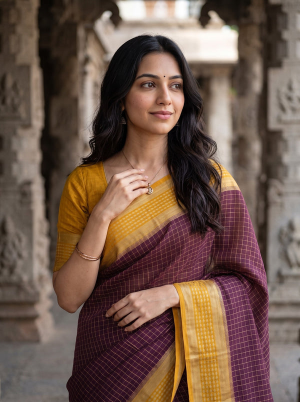 Semi Silk Purple Checkered Saree with Mustard Yellow Pallu