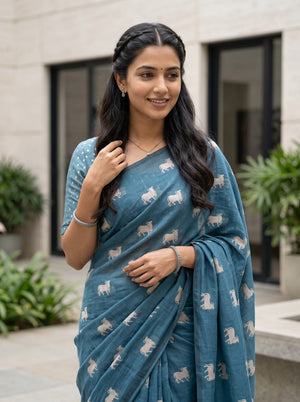Cotton Silk Teal Blue Saree with animal Motif Mural Pallu