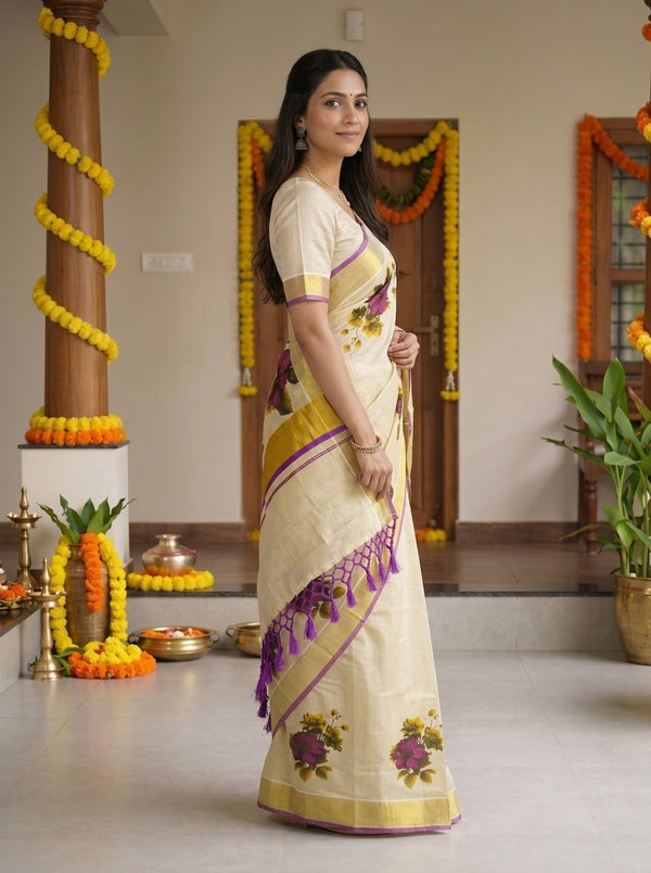 Tissue Cream Printed Floral Onam Special Kerala Saree with Gold Violet Border