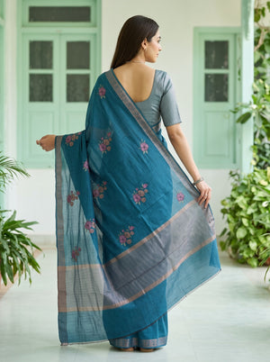 Chanderi Cotton Teal Blue  Saree with Floral Embroidery