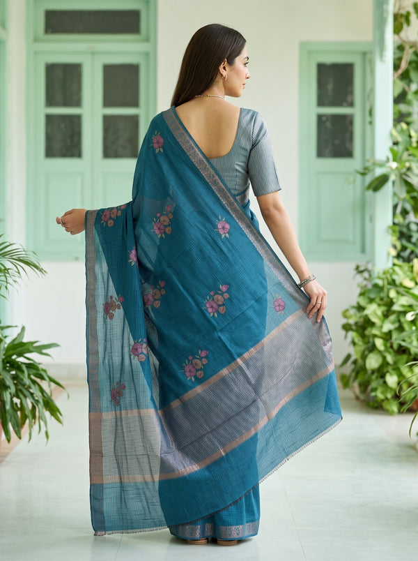 Chanderi Cotton Teal Blue  Saree with Floral Embroidery