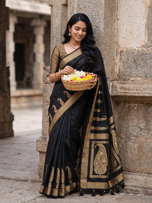 Banarasi Black Zari Floral Arch Pallu Saree