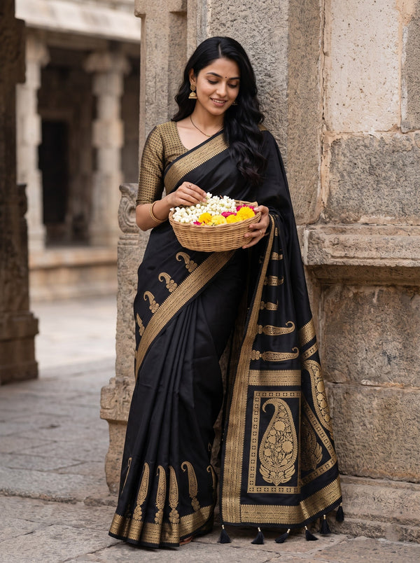 Banarasi Black Zari Floral Arch Pallu Saree