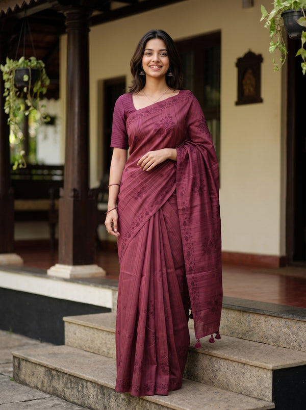 Semi Tussar Maroon Self Stripe Embroidered Floral Saree with Tassels