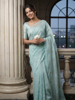 Organza Sea blue Saree with Floral Vine Embroidery