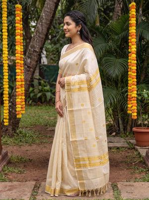 Tissue Cream Golden Polka Dot Zigzag Pallu Onam Kerala Saree