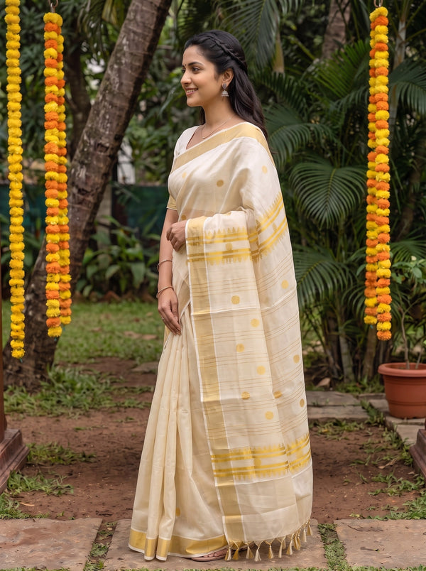 Tissue Cream Golden Polka Dot Zigzag Pallu Onam Kerala Saree