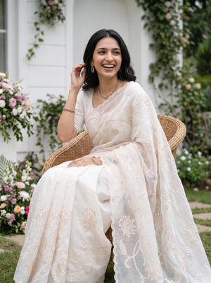 Organza Ivory Saree with Self-Tone Floral Vine Embroidery