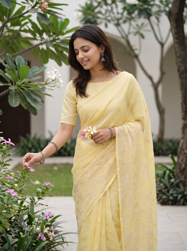 Pure Chanderi Yellow Saree with White Floral Embroidery