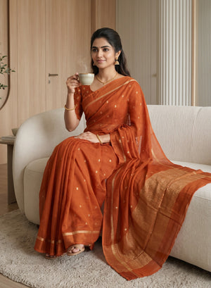 Chiffon Saree in Burnt Orange with Scattered Zari Motifs