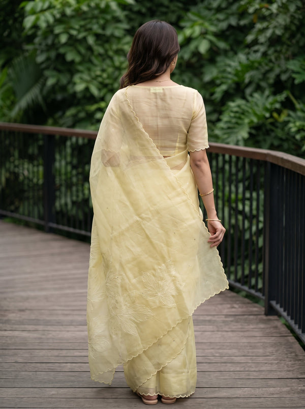 Linen Yellow Saree with Maple Leaf Cutwork Pallu and Sequin Work