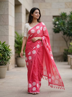 Cotton Linen Saree in Pink with Scattered White Daisy Trim and Pink Tassels