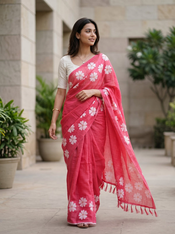 Cotton Linen Saree in Pink with Scattered White Daisy Trim and Pink Tassels