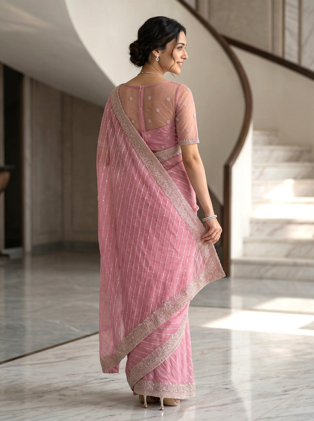 Chiffon Pink Diagonal Golden Stripe Saree