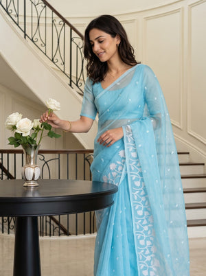 Organza Sky Blue Saree with White Floral Vine Embroidery