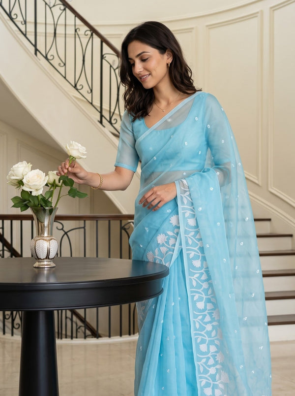 Organza Sky Blue Saree with White Floral Vine Embroidery