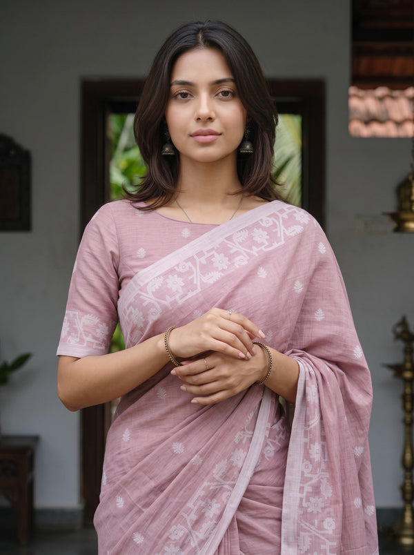 Cotton Dusty Rose Saree with Self-Tone Floral Butta Pallu