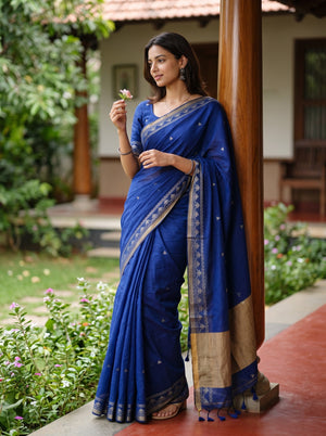 Cotton Royal Blue Silver Butta Golden Shimmer Tribal Border Tasseled Saree