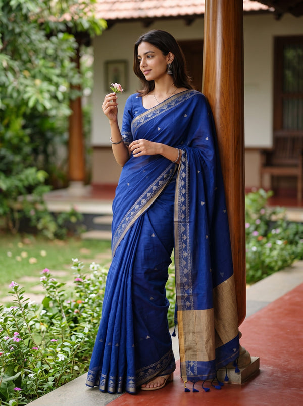 Cotton Royal Blue Silver Butta Golden Shimmer Tribal Border Tasseled Saree