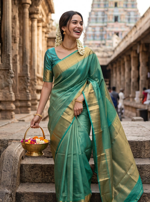 Pure Silk Sea Green Saree with Golden Zari Checks and Rich Zari Border Pallu