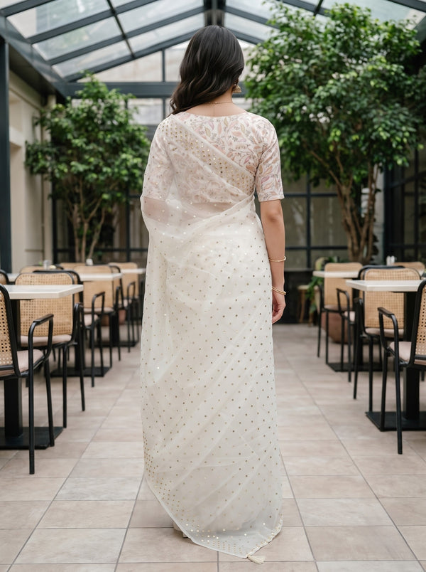 Organza Off-White Scattered Sequin Saree with Tassel Pallu