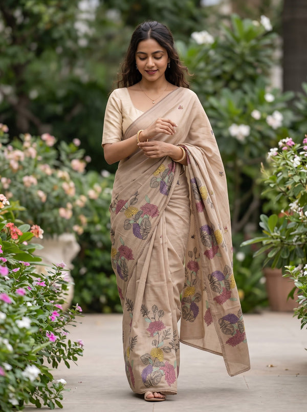 Chanderi Cotton Beige Saree Chrysanthemum Embroidery with Scattered Tulip Buds