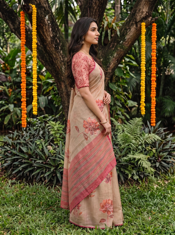 Tissue Beige Lotus Print Onam Kerala Saree with Scalloped Pink Border