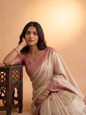 Banarasi Brocade Silk Saree in Cream with Rose Pink Floral Pallu