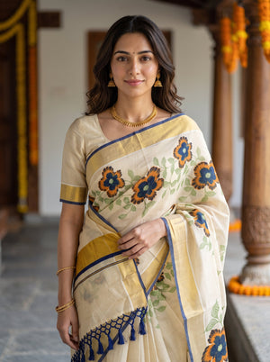 Tissue Cream Blue Floral Print  Onam Special Kerala  Saree with Golden Border