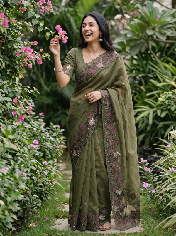 Organza Olive Green Maroon Floral Cutwork Lace Border Saree