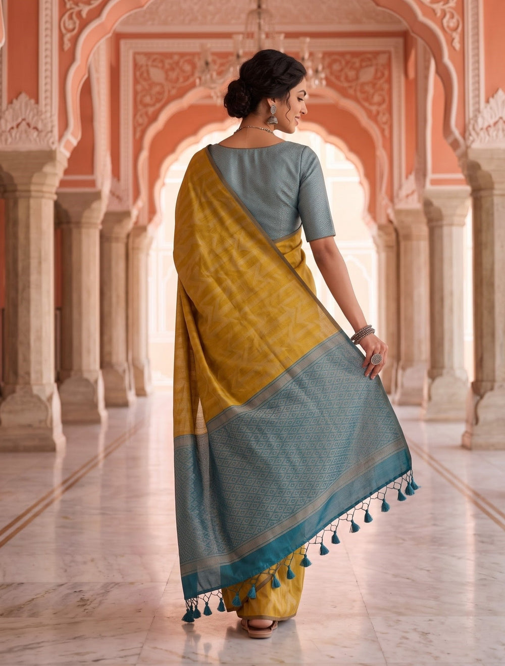 Semi Silk Mustard Golden Teal Contrast Border Zigzag Saree with Tassels