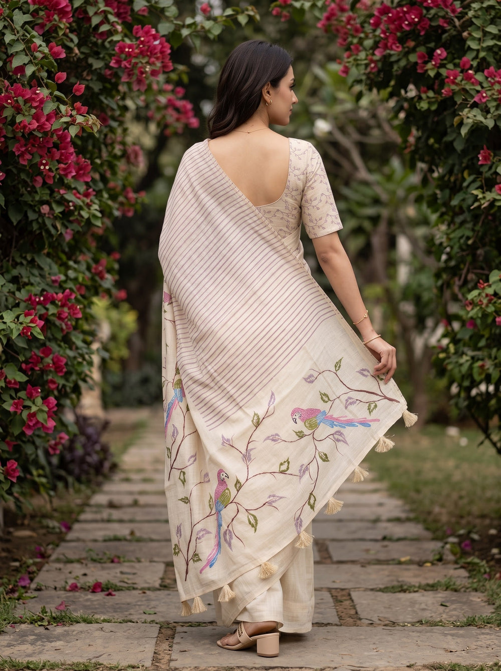 Linen Cream Parrot Bird Branch Print Saree