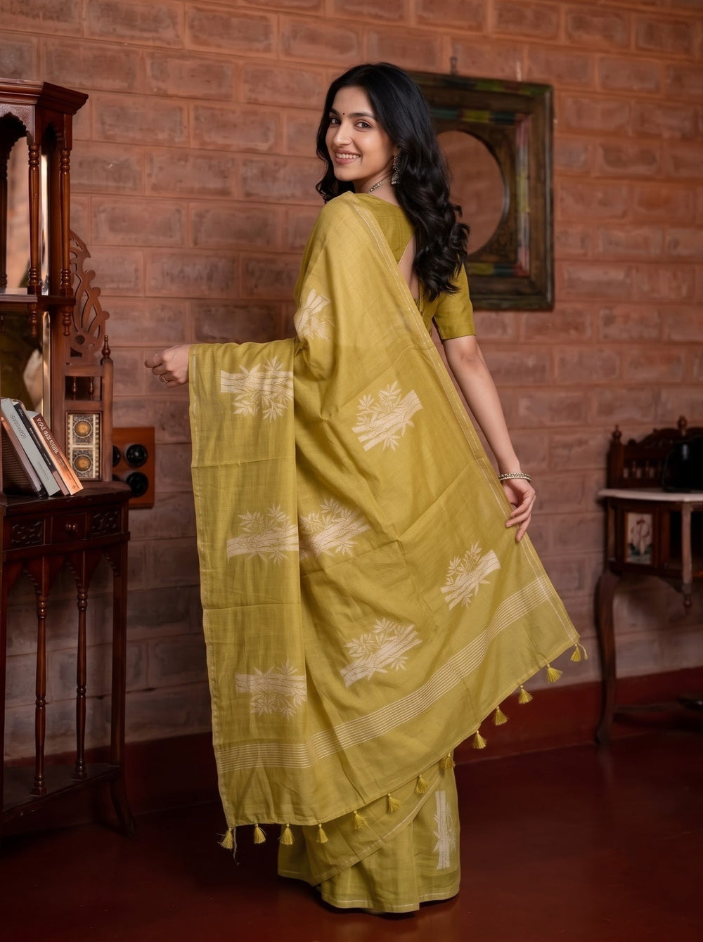 Organza Mustard Saree with Self-Tone Leaf Branch Print