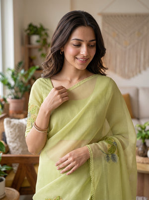 Net Kota Pista Green Saree with Beaded Floral Applique Pallu and Picot Lace Edge