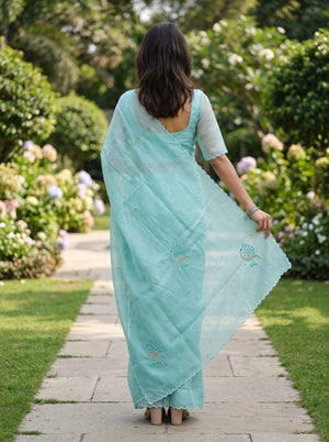Linen Mint Beaded Peacock Motif Saree with Scalloped Border