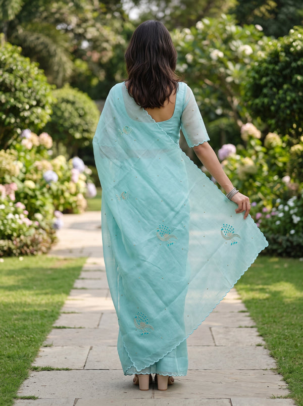 Linen Mint Beaded Peacock Motif Saree with Scalloped Border